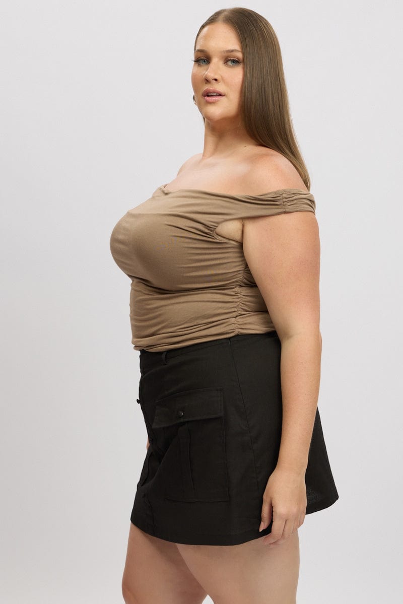 Brown Tank Top Cowl Neck Side Ruched for YouandAll Fashion