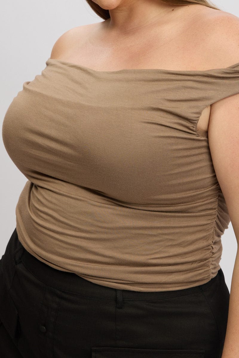 Brown Tank Top Cowl Neck Side Ruched for YouandAll Fashion