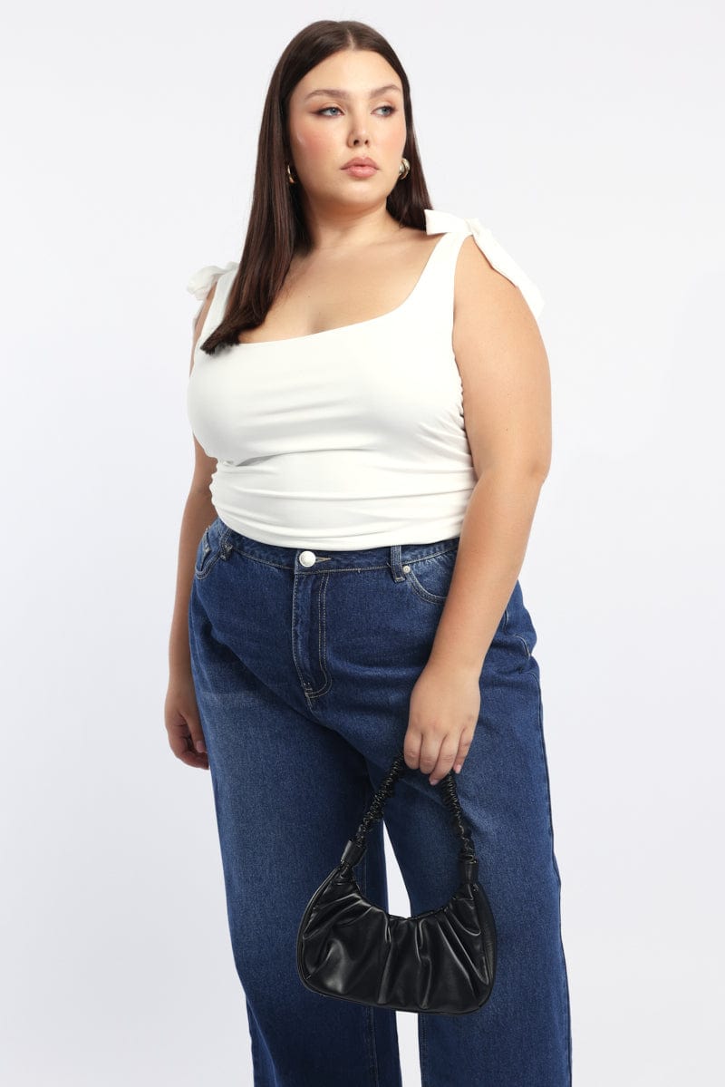 White Tank Top Tie Shoulder Side Ruched for YouandAll Fashion