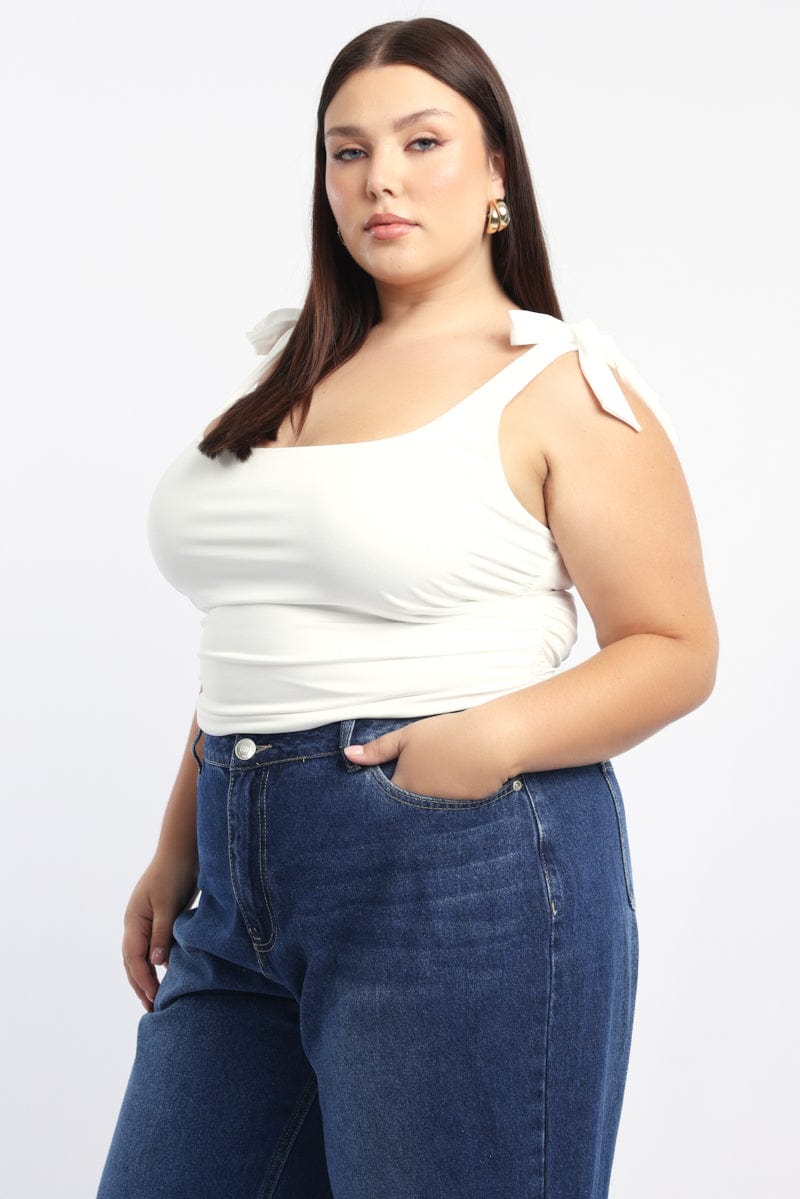 White Tank Top Tie Shoulder Side Ruched for YouandAll Fashion