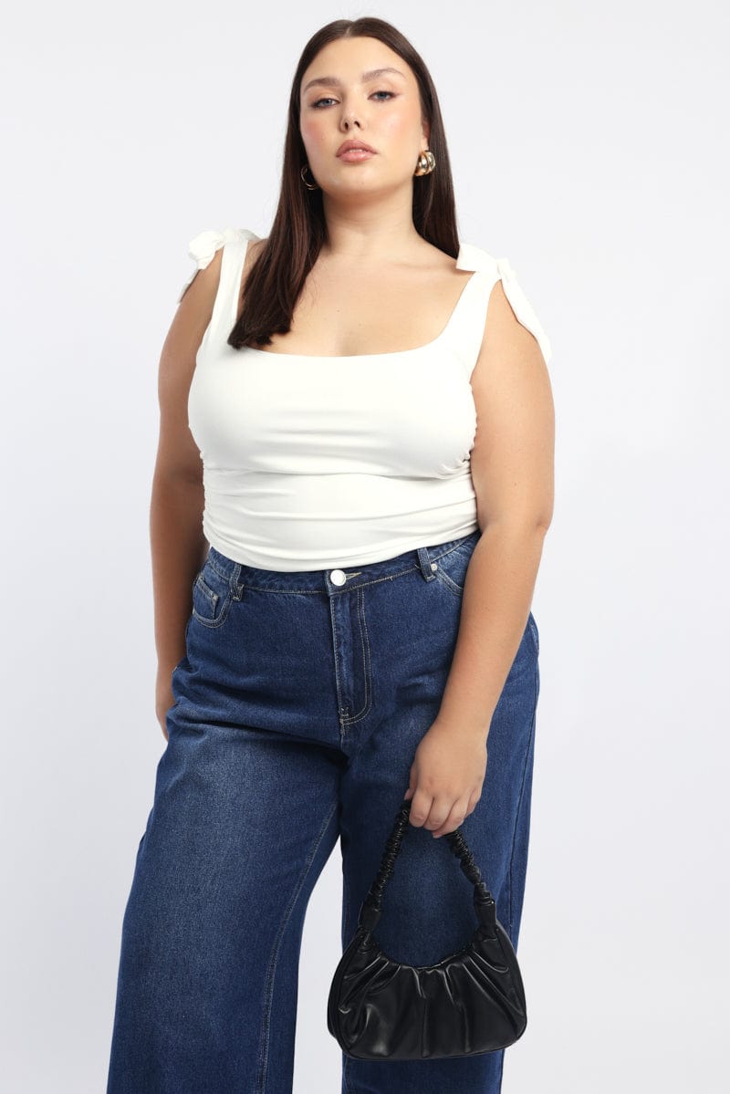 White Tank Top Tie Shoulder Side Ruched for YouandAll Fashion