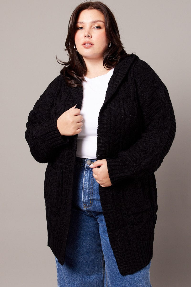 Black Longline Cardigan Long Sleeve Hooded Cable Knit You All