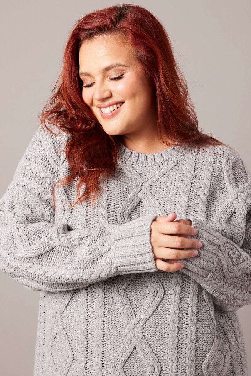 Grey Cable Knit Jumper Round Neck Long Sleeve You All