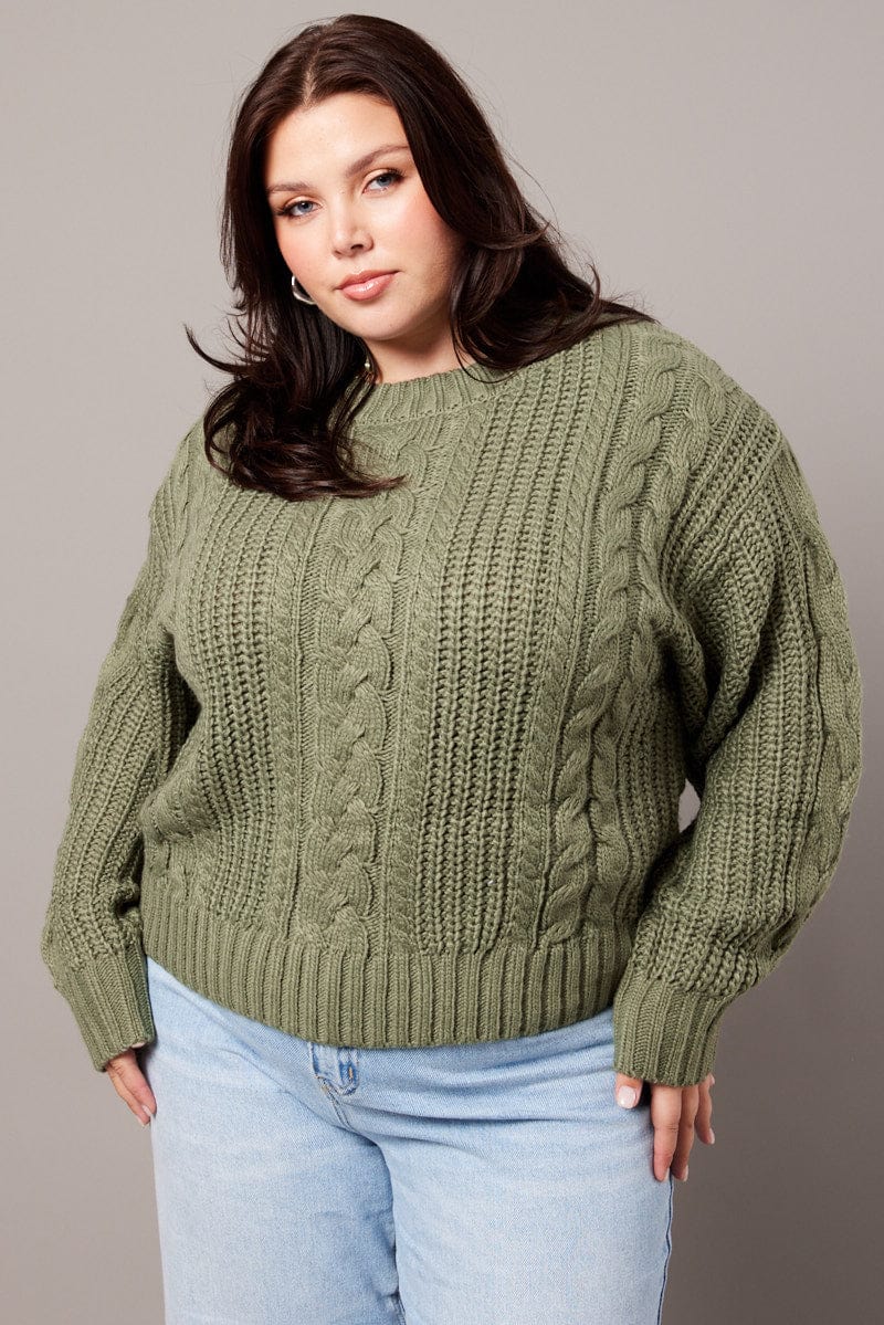 Green Cable Knit Jumper Long Sleeve Round Neck You All