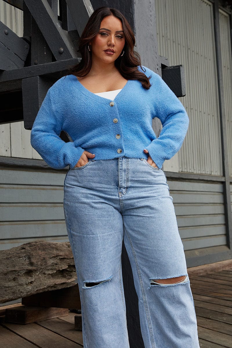 Blue Fluffy Knit Cardigan Long Sleeve V-neck You All