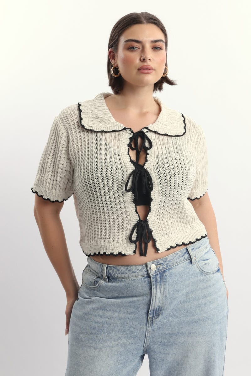White Collar Knit Cardigan Short Sleeve Tie up You All