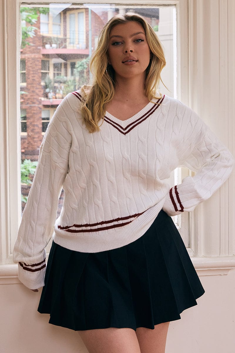 White Knit Jumper Long Sleeve V Neck for YouandAll Fashion