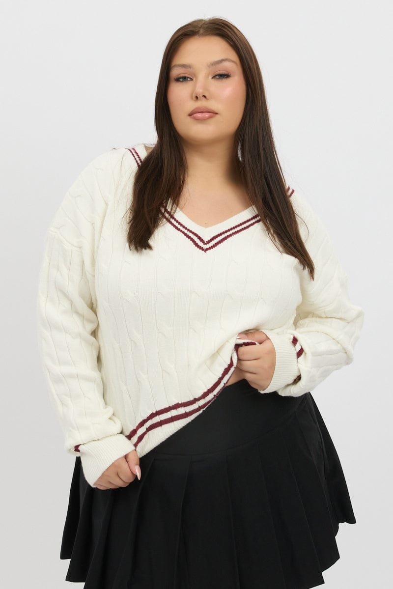 White Knit Jumper Long Sleeve V Neck for YouandAll Fashion