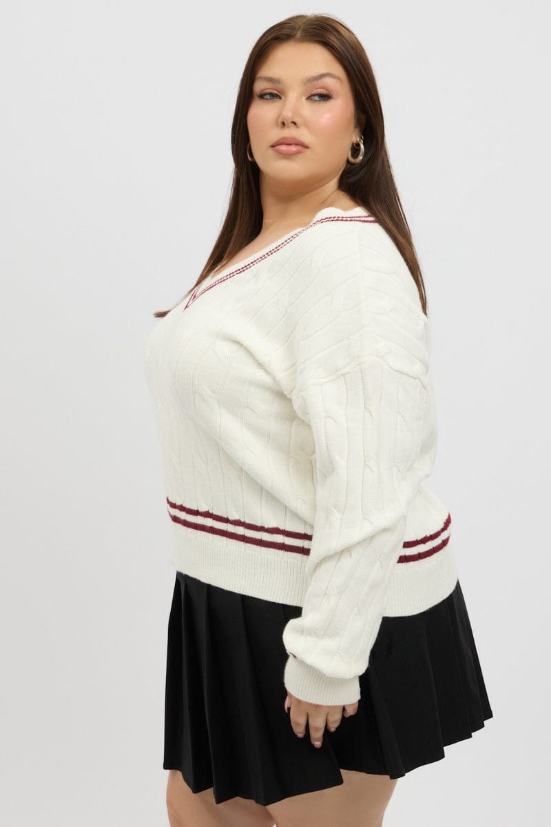 White Knit Jumper Long Sleeve V Neck for YouandAll Fashion