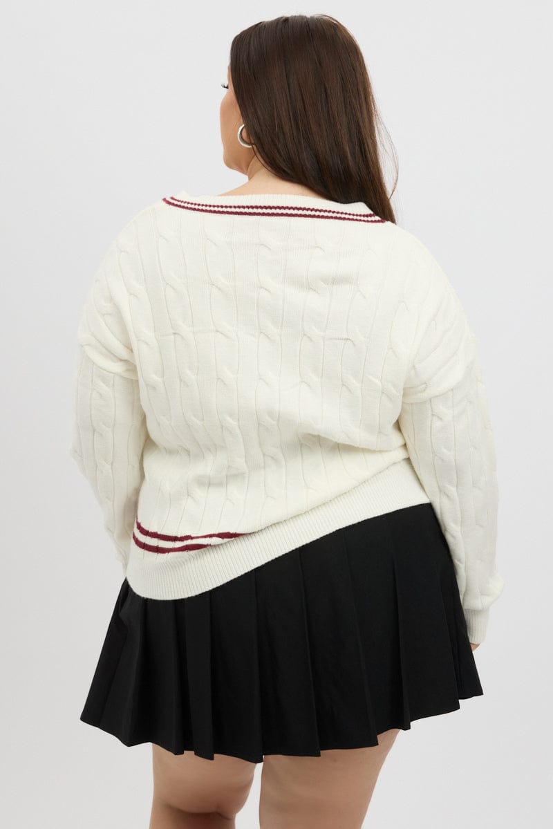 White Knit Jumper Long Sleeve V Neck for YouandAll Fashion