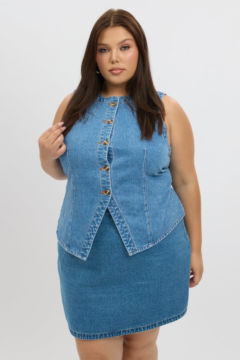 Denim Fitted Button Through Sleeveless Vest for YouandAll Fashion