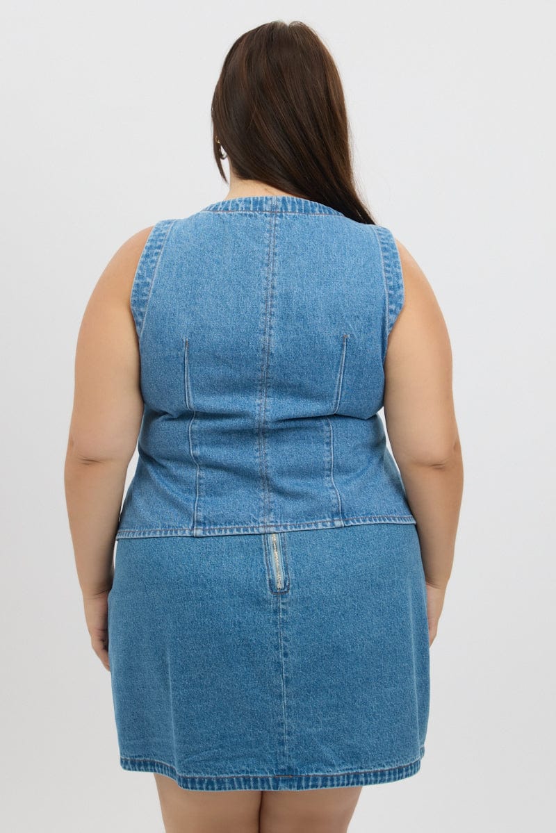 Denim Fitted Button Through Sleeveless Vest for YouandAll Fashion