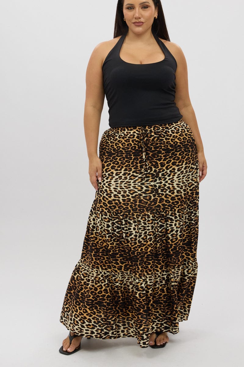 Women's Vintage Leopard Print Midi Skirt - A-Line Swing, Plus Size, Cotton Spandex, XL