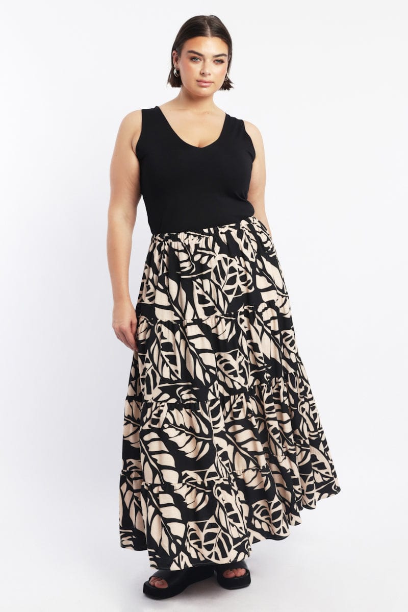 Black Floral Linen Blend Tiered Maxiskirt for YouandAll Fashion