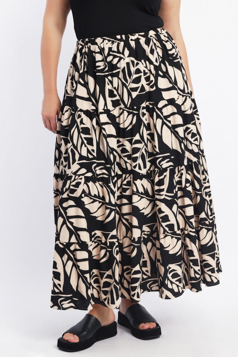 Black Floral Linen Blend Tiered Maxiskirt for YouandAll Fashion