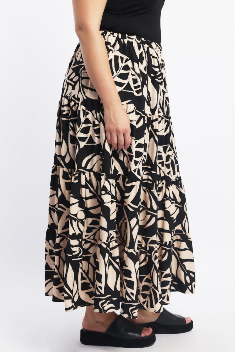 Black Floral Linen Blend Tiered Maxiskirt for YouandAll Fashion