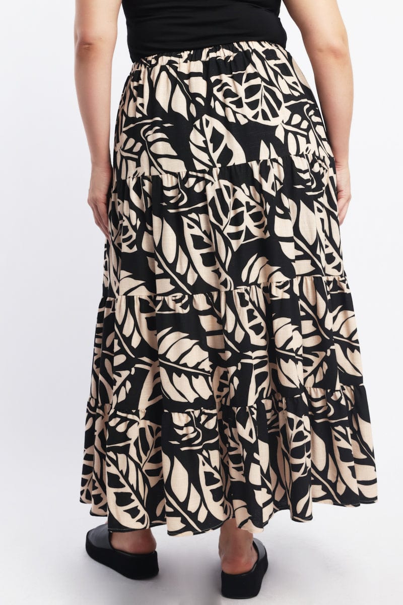 Black Floral Linen Blend Tiered Maxiskirt for YouandAll Fashion