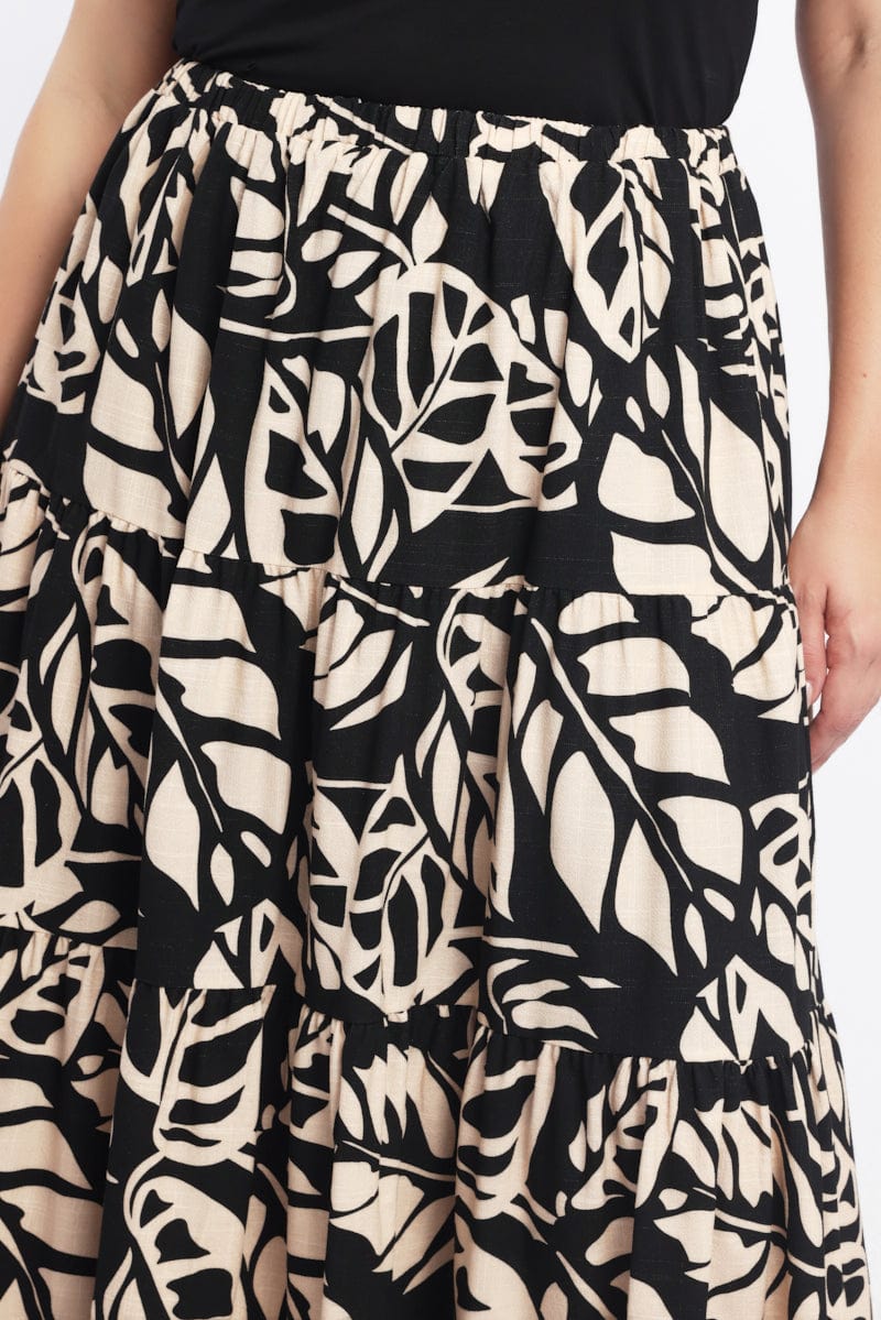 Black Floral Linen Blend Tiered Maxiskirt for YouandAll Fashion