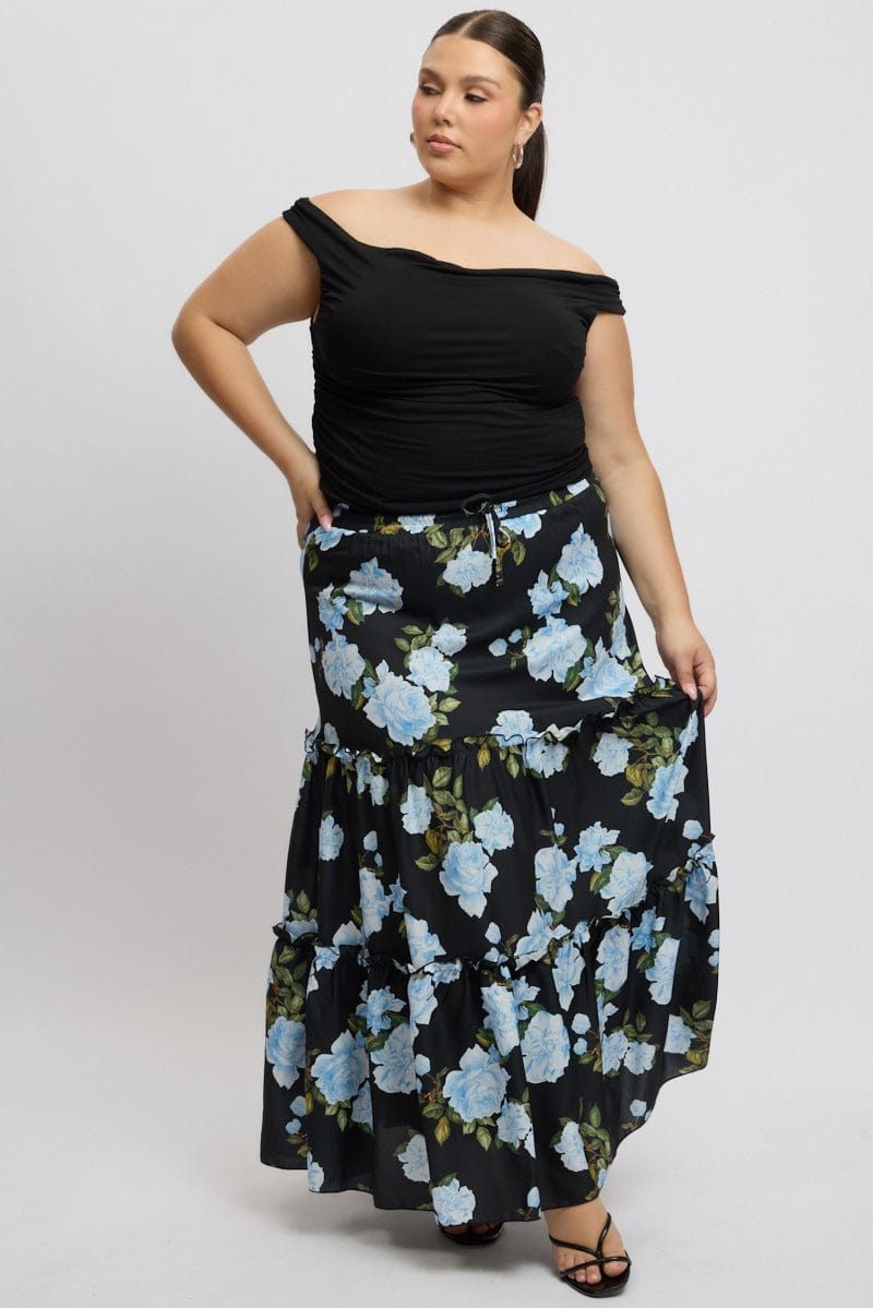 Black Floral Elastic Waist Tiered Maxiskirt You All