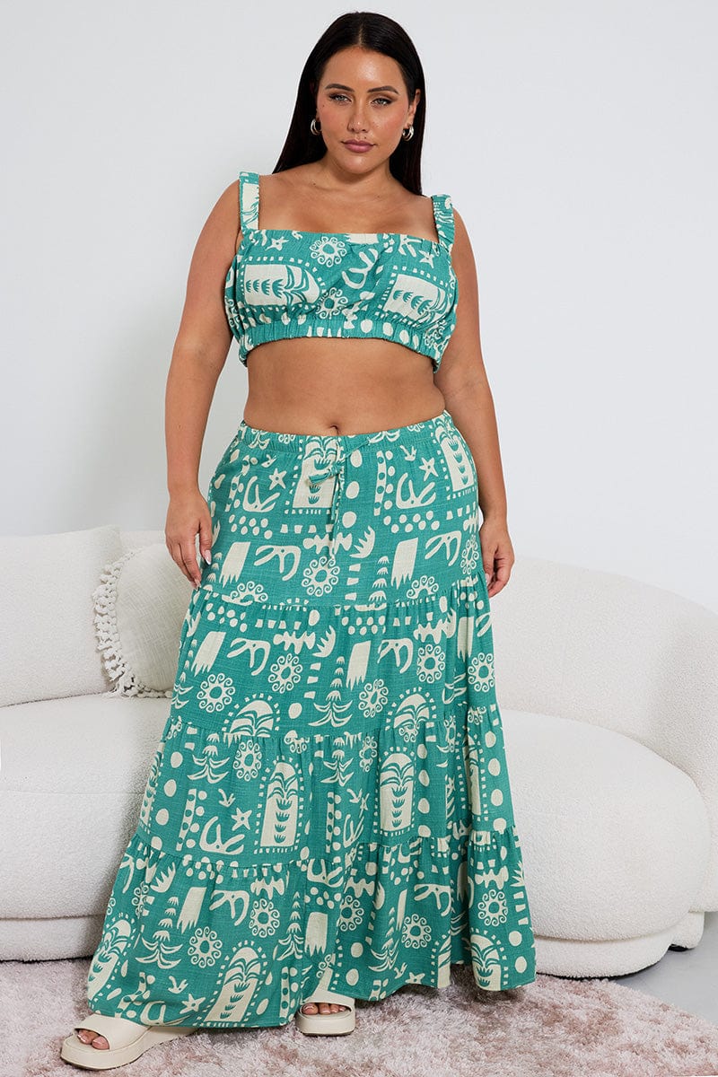 Green Abstract Linen Blend Tiered Drawstring Waist Maxiskirt for YouandAll Fashion