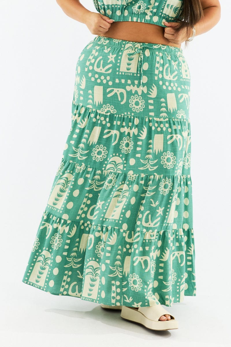 Green Abstract Linen Blend Tiered Drawstring Waist Maxiskirt for YouandAll Fashion