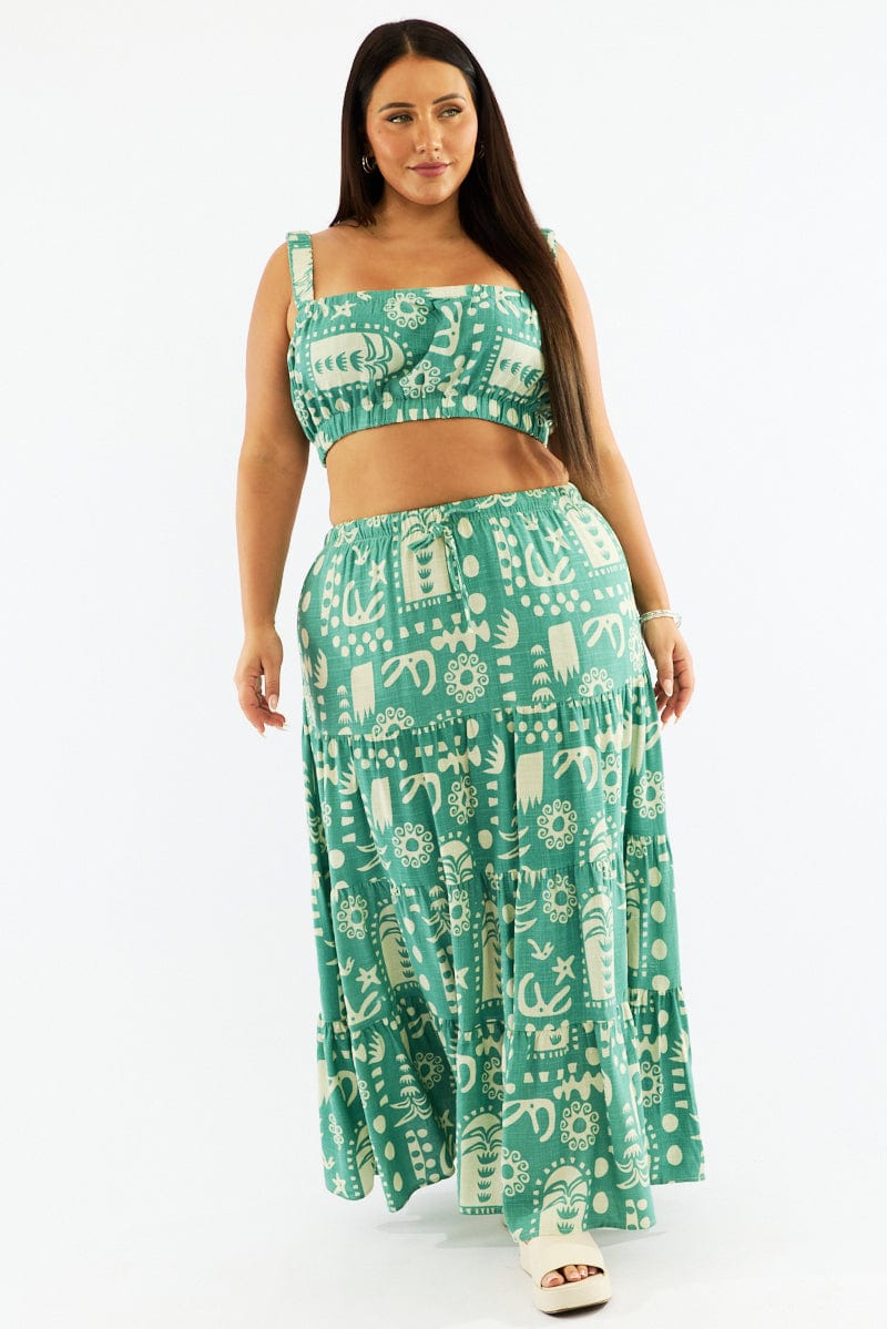 Green Abstract Linen Blend Tiered Drawstring Waist Maxiskirt for YouandAll Fashion