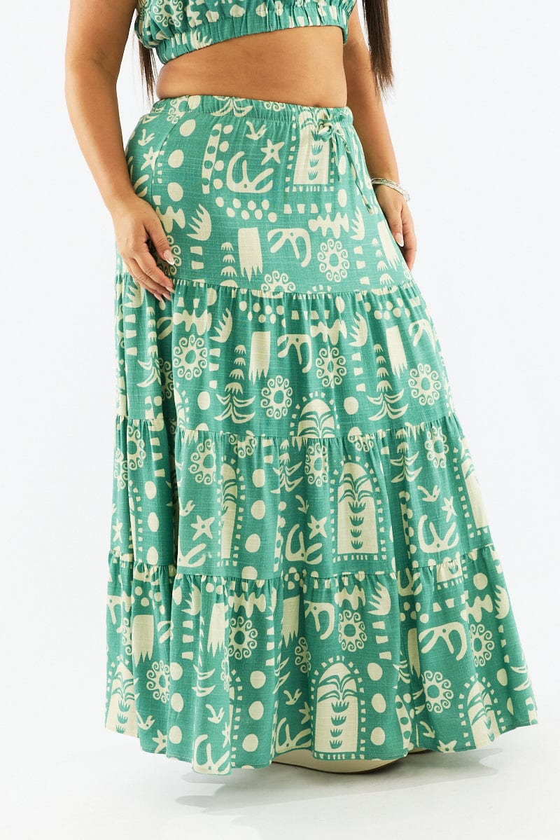 Green Abstract Linen Blend Tiered Drawstring Waist Maxiskirt for YouandAll Fashion