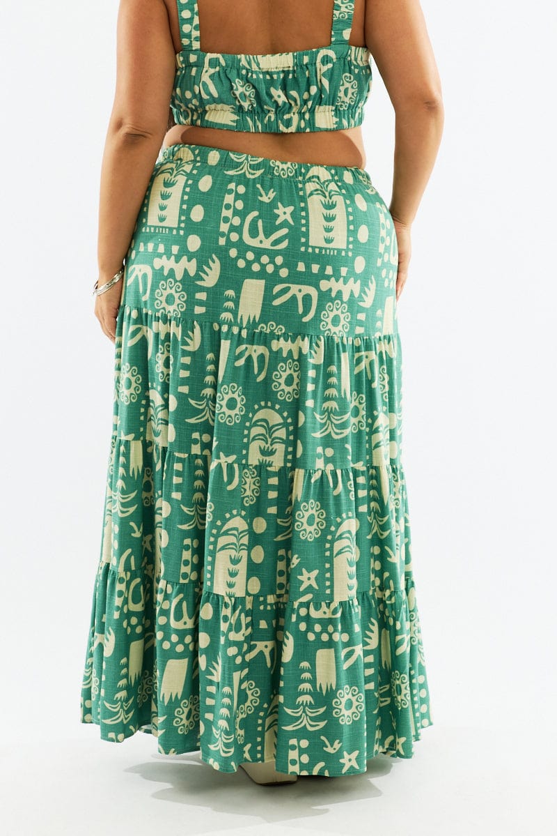 Green Abstract Linen Blend Tiered Drawstring Waist Maxiskirt for YouandAll Fashion
