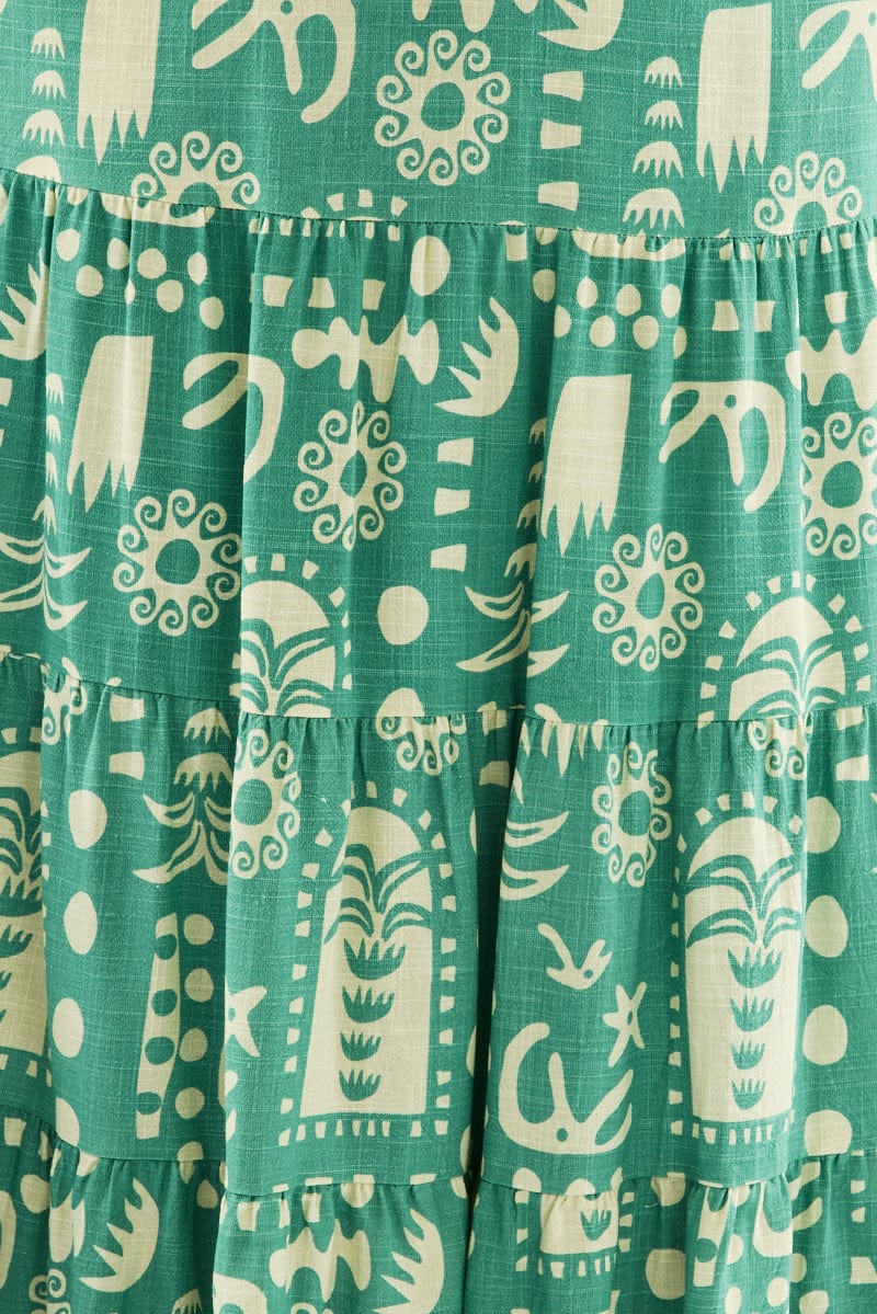 Green Abstract Linen Blend Tiered Drawstring Waist Maxiskirt for YouandAll Fashion