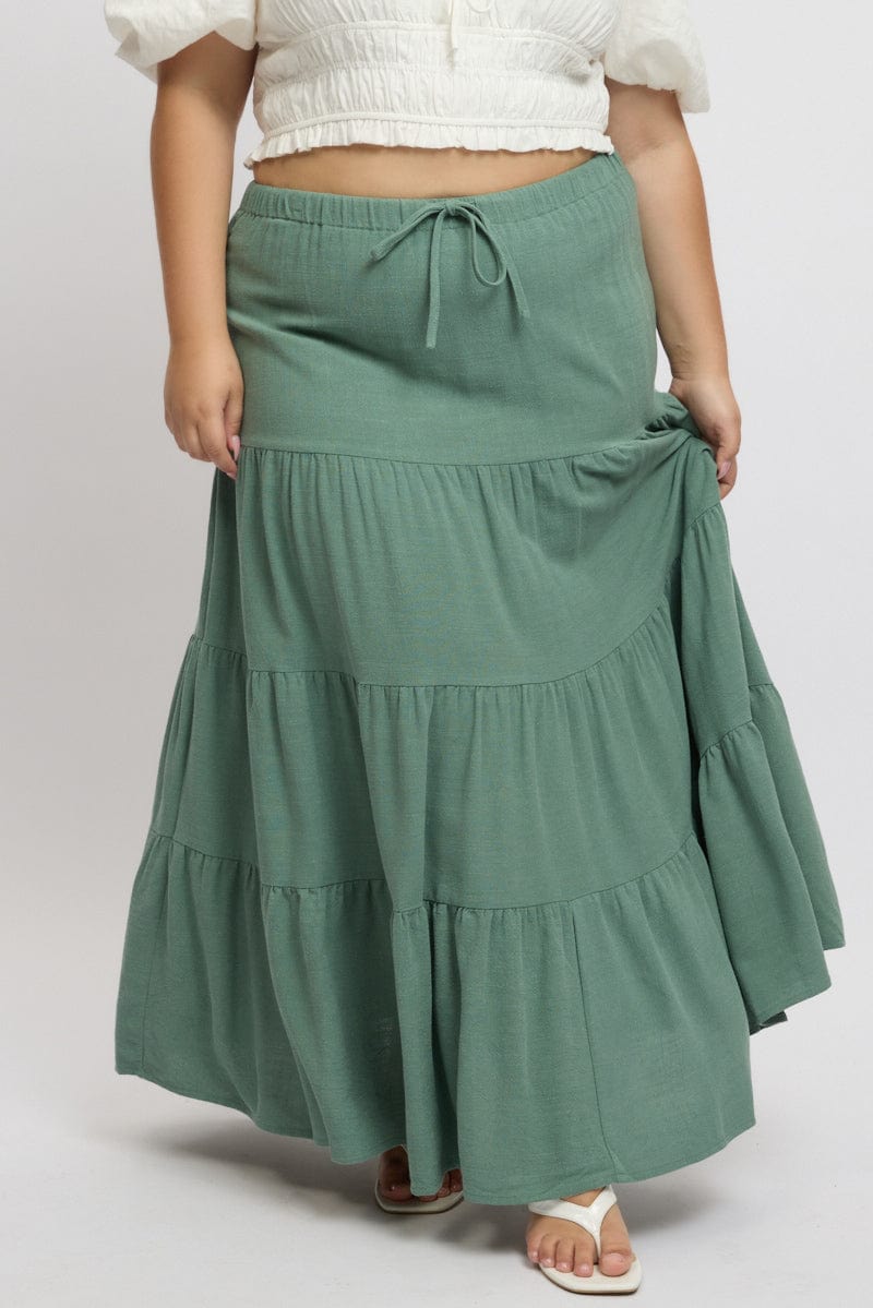 Green Elastic Waist Tiered Linen Blend Maxiskirt for YouandAll Fashion