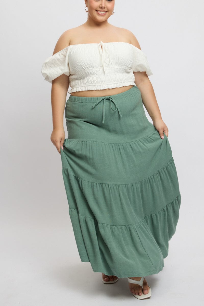 Green Elastic Waist Tiered Linen Blend Maxiskirt for YouandAll Fashion