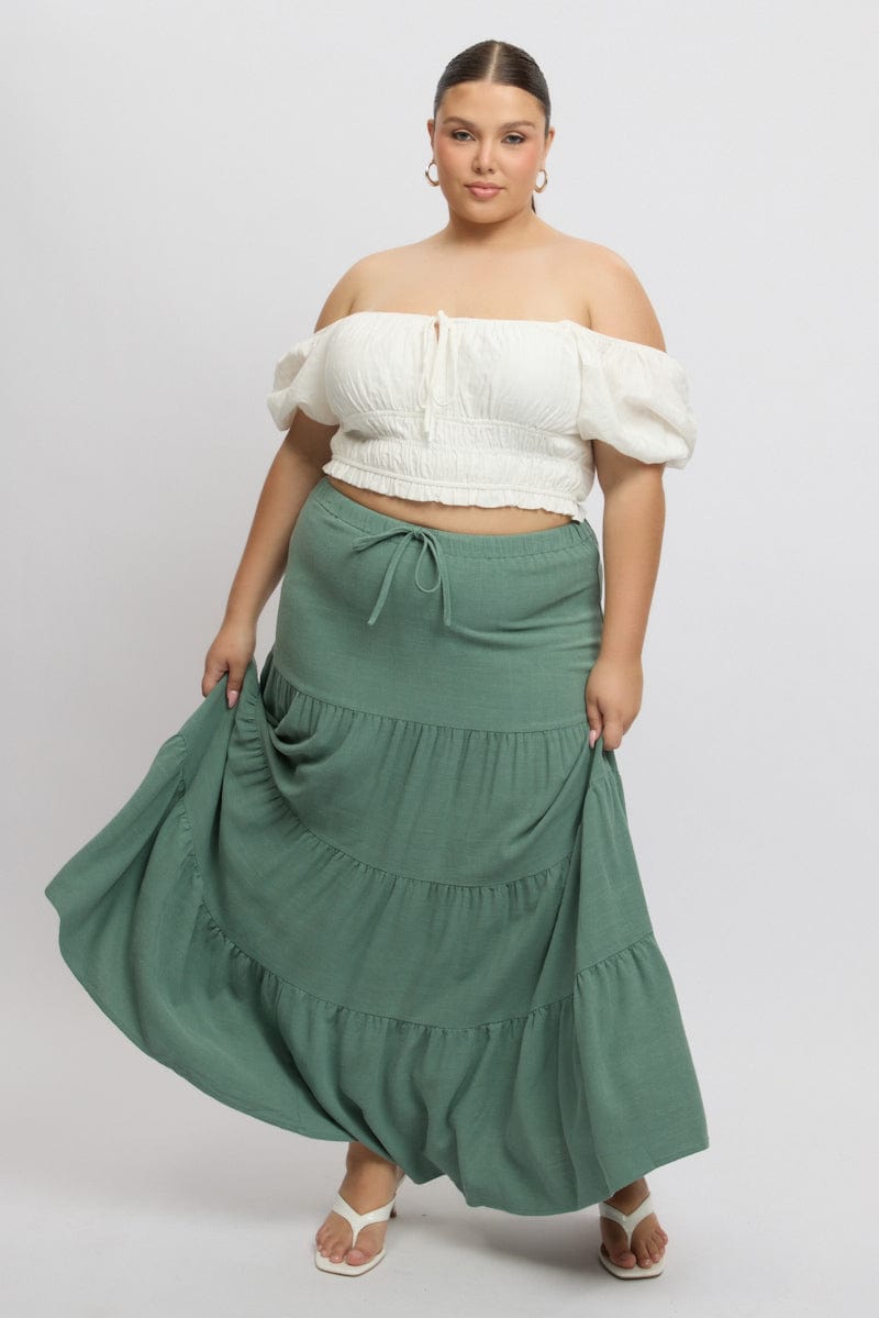 Green Elastic Waist Tiered Linen Blend Maxiskirt for YouandAll Fashion