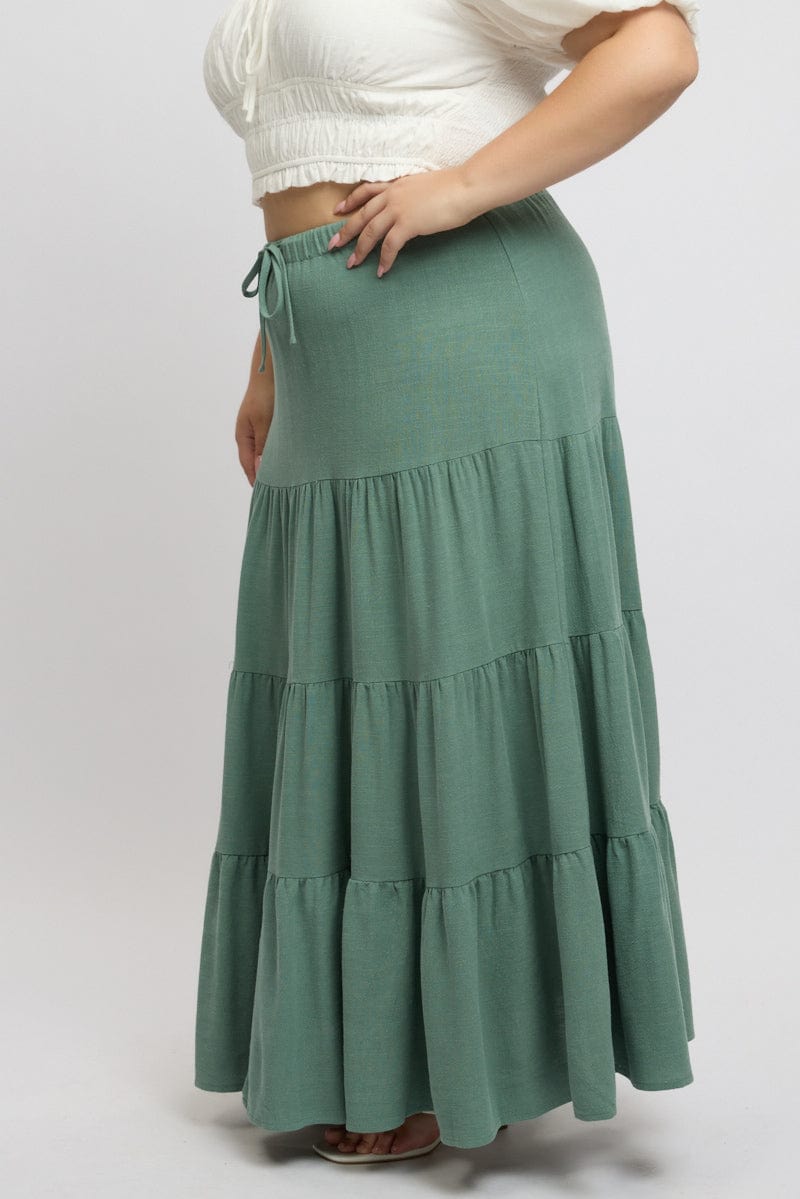 Green Elastic Waist Tiered Linen Blend Maxiskirt for YouandAll Fashion
