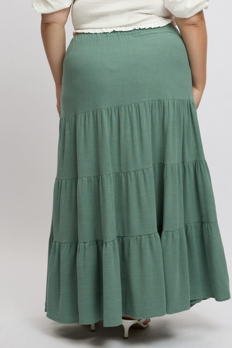 Green Elastic Waist Tiered Linen Blend Maxiskirt for YouandAll Fashion