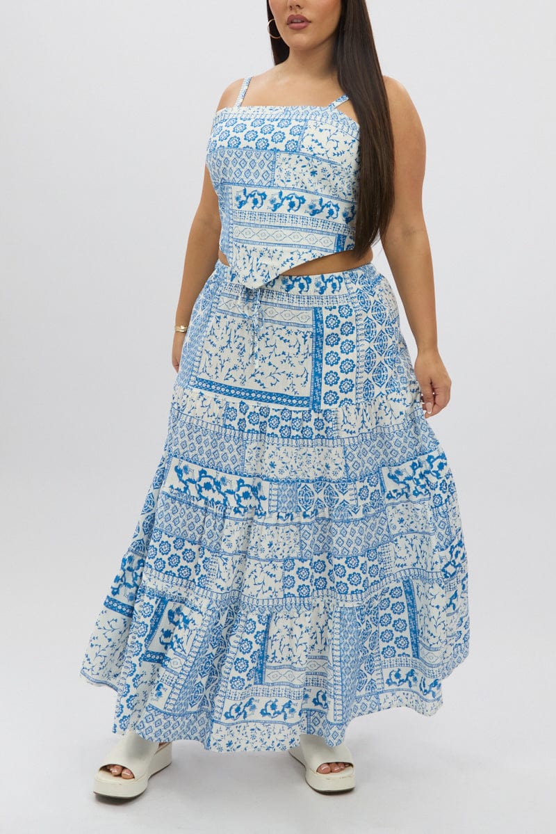 White Boho Elastic Waist Linen Blend Tiered Maxiskirt for YouandAll Fashion