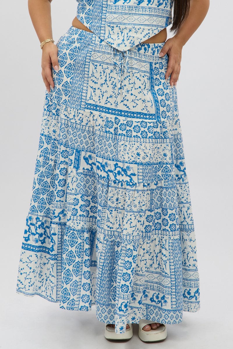 White Boho Elastic Waist Linen Blend Tiered Maxiskirt for YouandAll Fashion