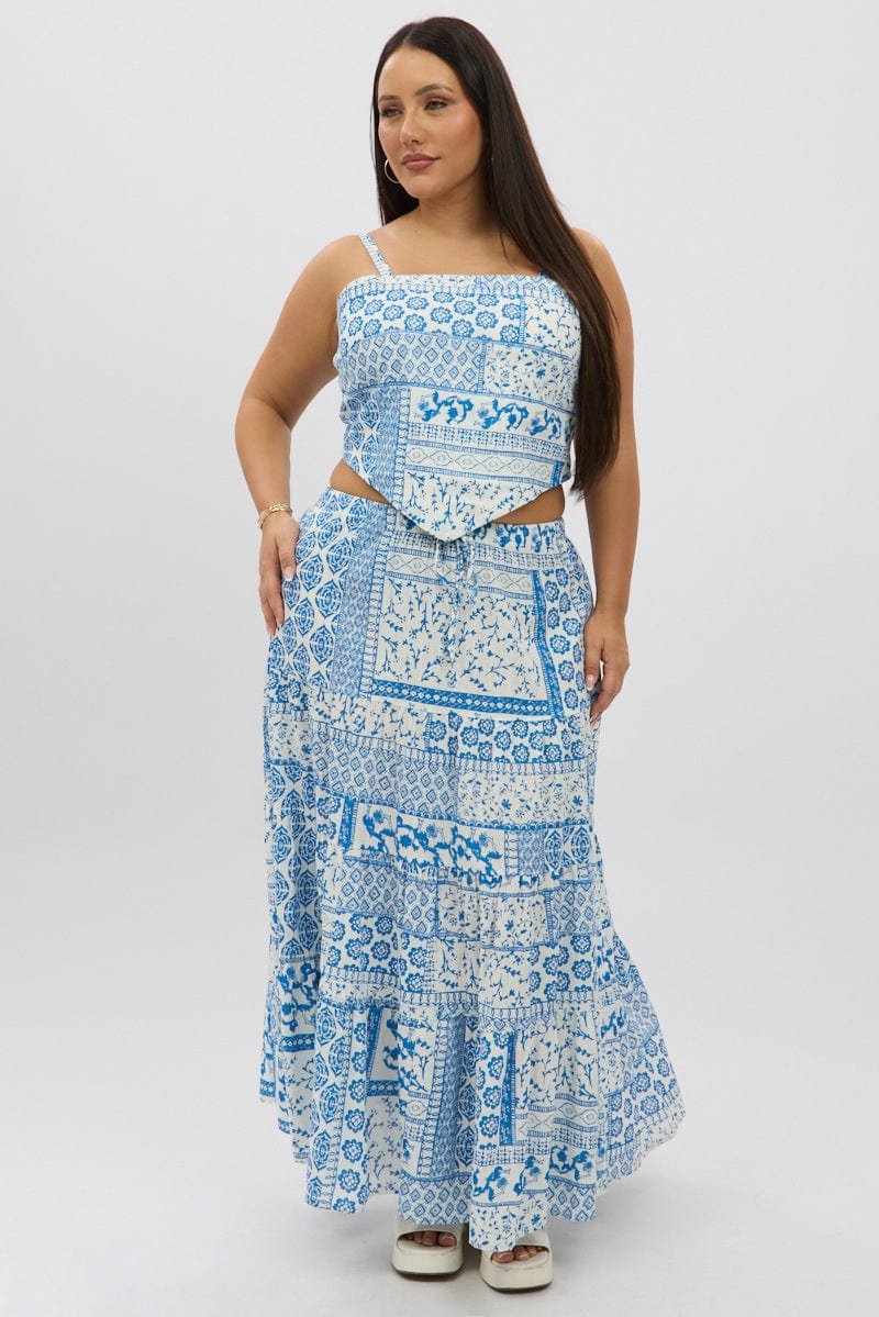 White Boho Elastic Waist Linen Blend Tiered Maxiskirt for YouandAll Fashion