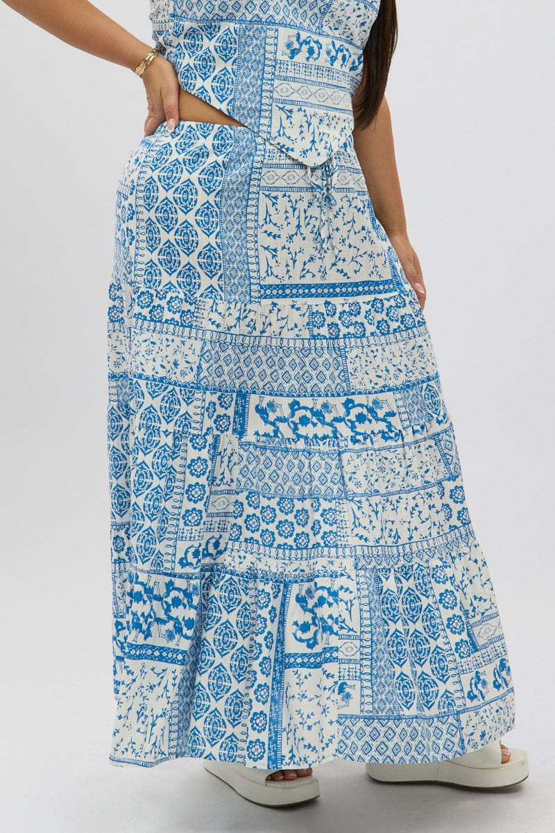 White Boho Elastic Waist Linen Blend Tiered Maxiskirt for YouandAll Fashion