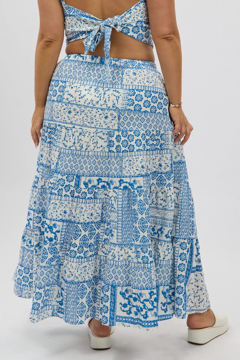 White Boho Elastic Waist Linen Blend Tiered Maxiskirt for YouandAll Fashion