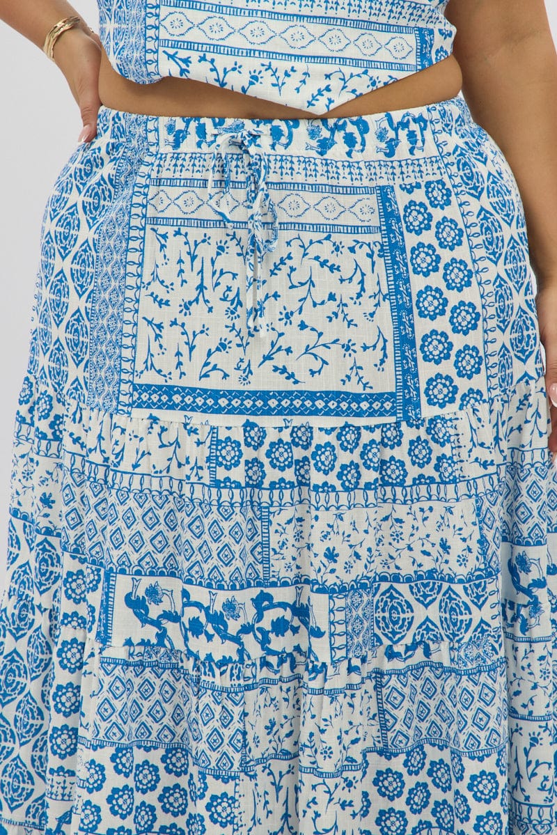 White Boho Elastic Waist Linen Blend Tiered Maxiskirt for YouandAll Fashion