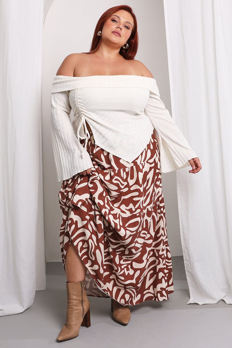 Brown Geo Linen Blend Tiered Maxiskirt for YouandAll Fashion