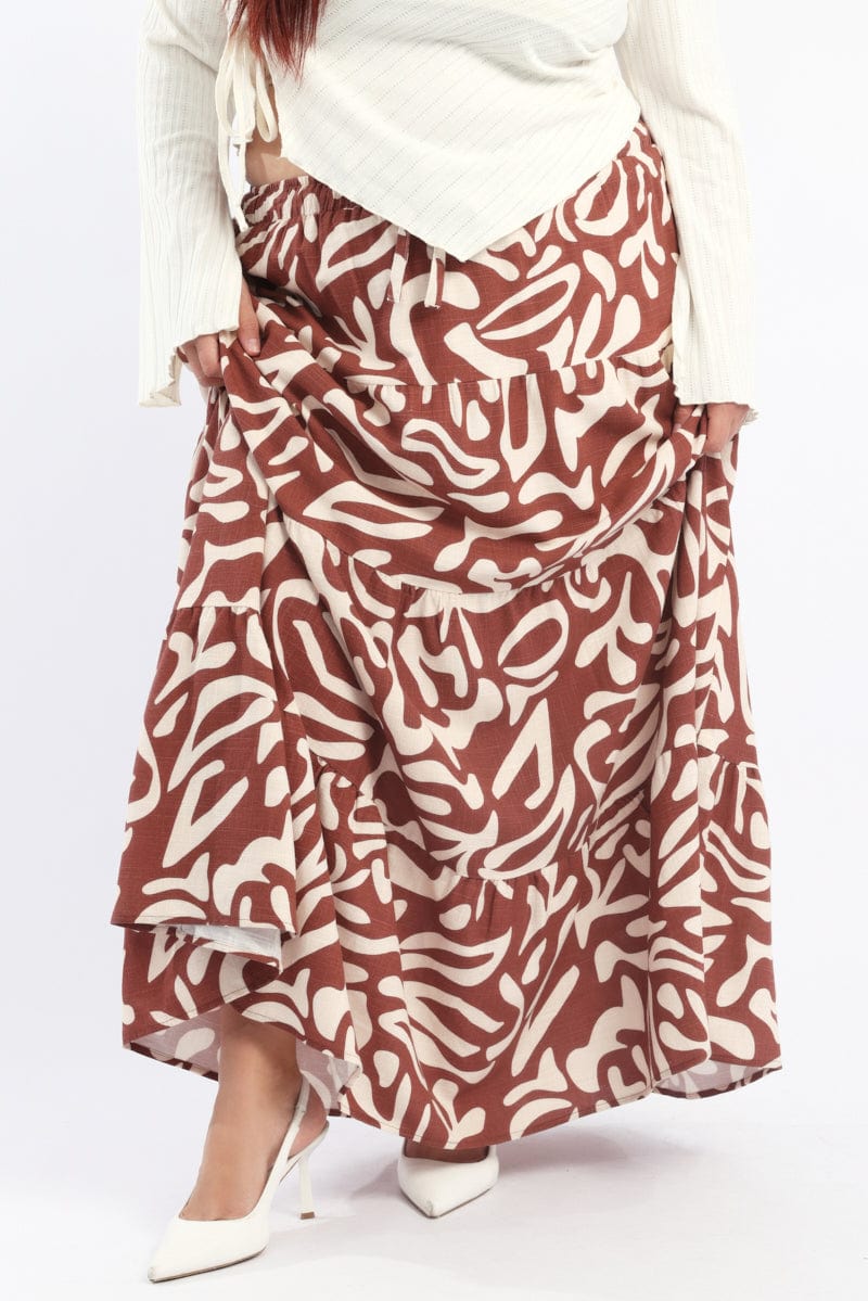 Brown Geo Linen Blend Tiered Maxiskirt for YouandAll Fashion