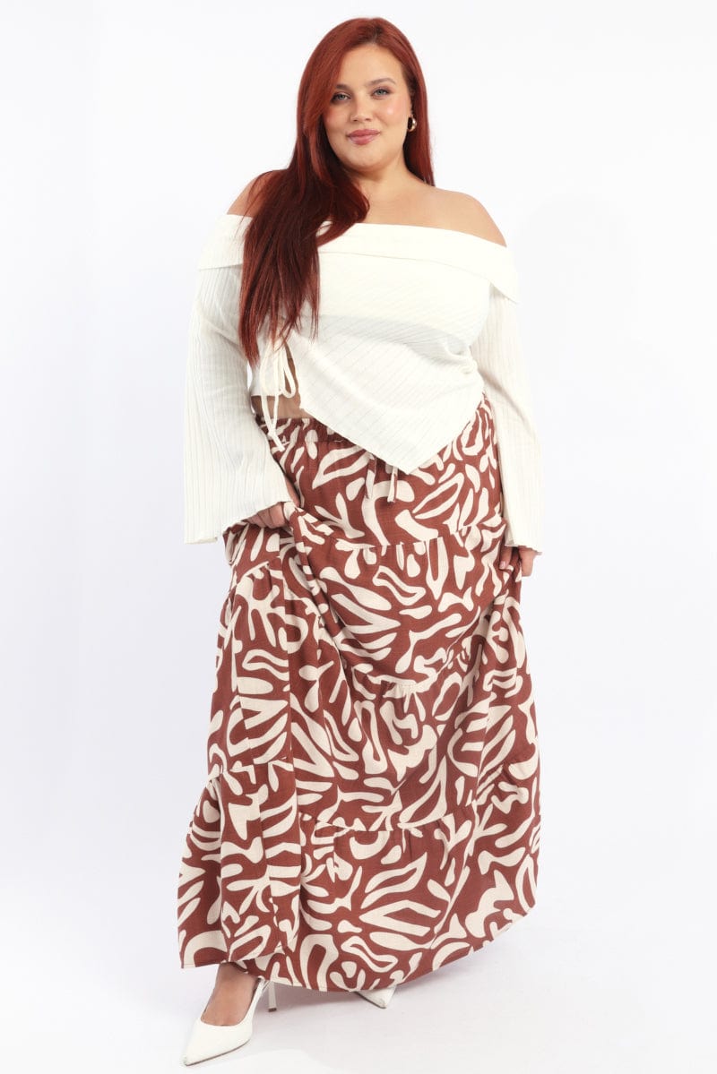 Brown Geo Linen Blend Tiered Maxiskirt for YouandAll Fashion