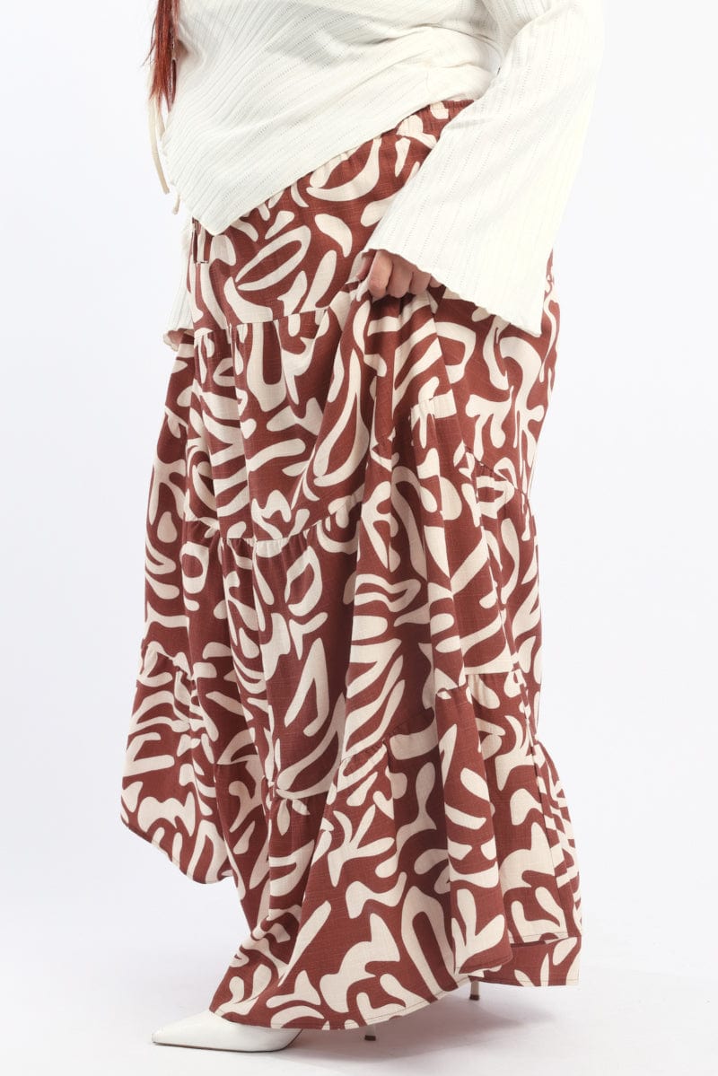 Brown Geo Linen Blend Tiered Maxiskirt for YouandAll Fashion