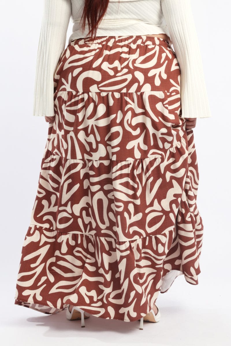 Brown Geo Linen Blend Tiered Maxiskirt for YouandAll Fashion