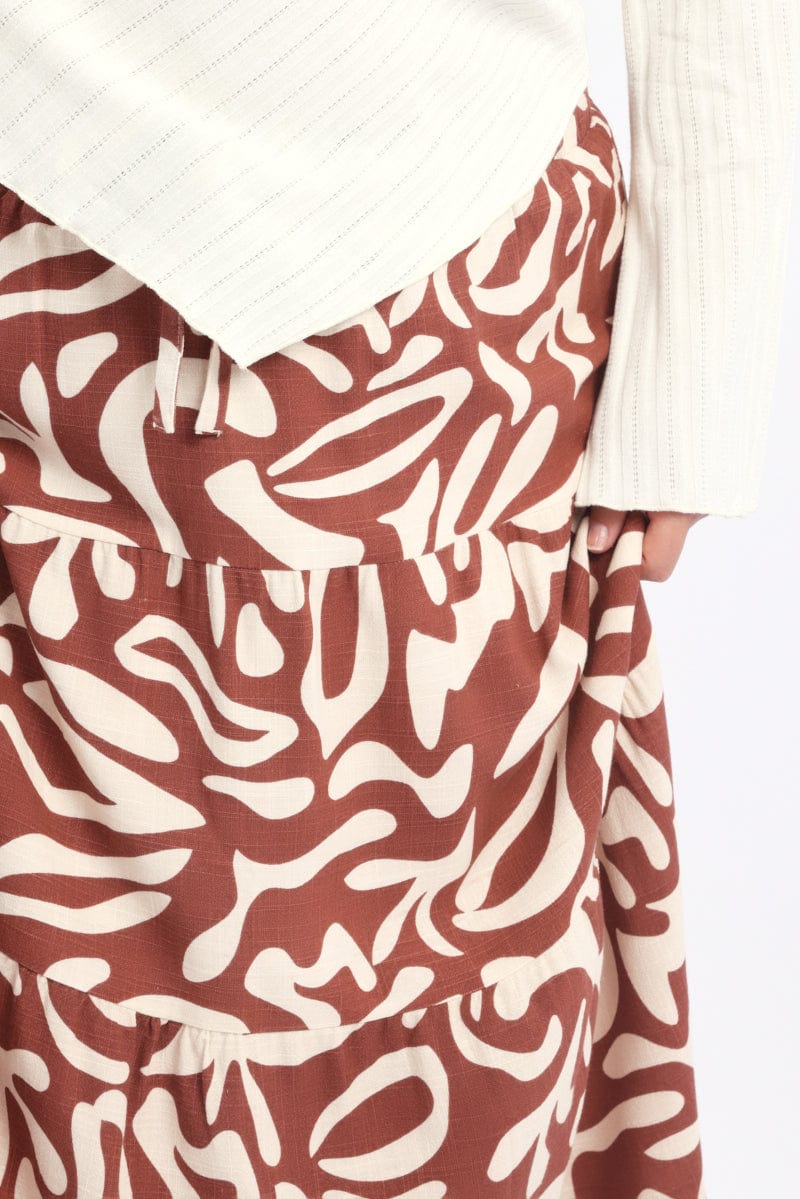 Brown Geo Linen Blend Tiered Maxiskirt for YouandAll Fashion