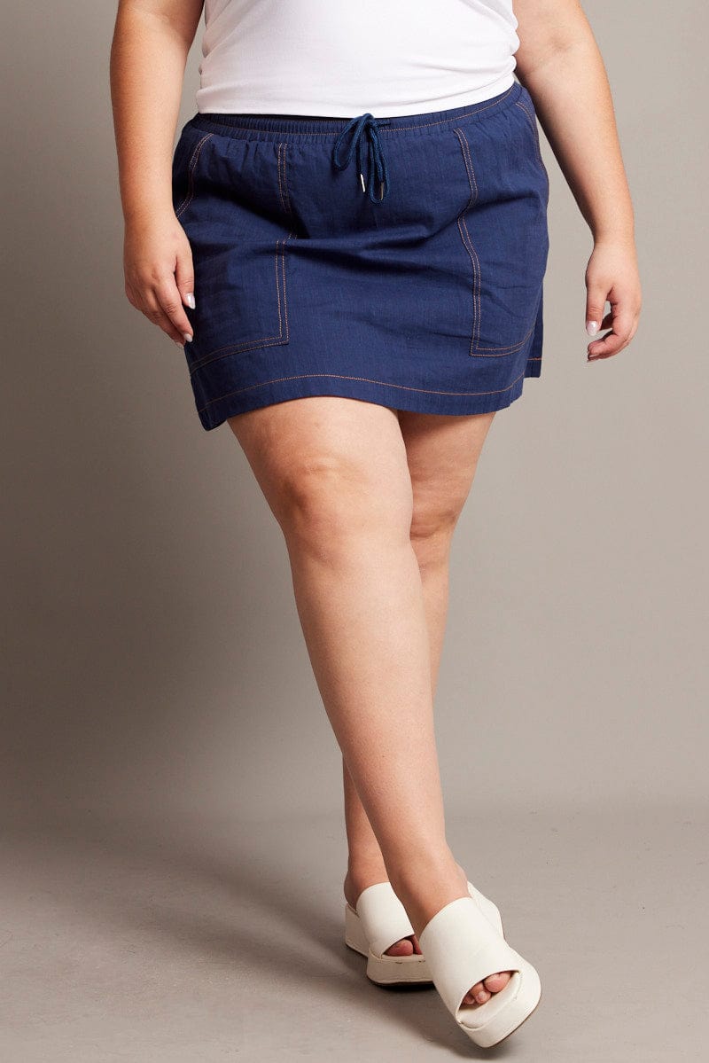 Denim Navy Plus Size Skorts Blue Contrast Stitch Cotton Mini Skirt