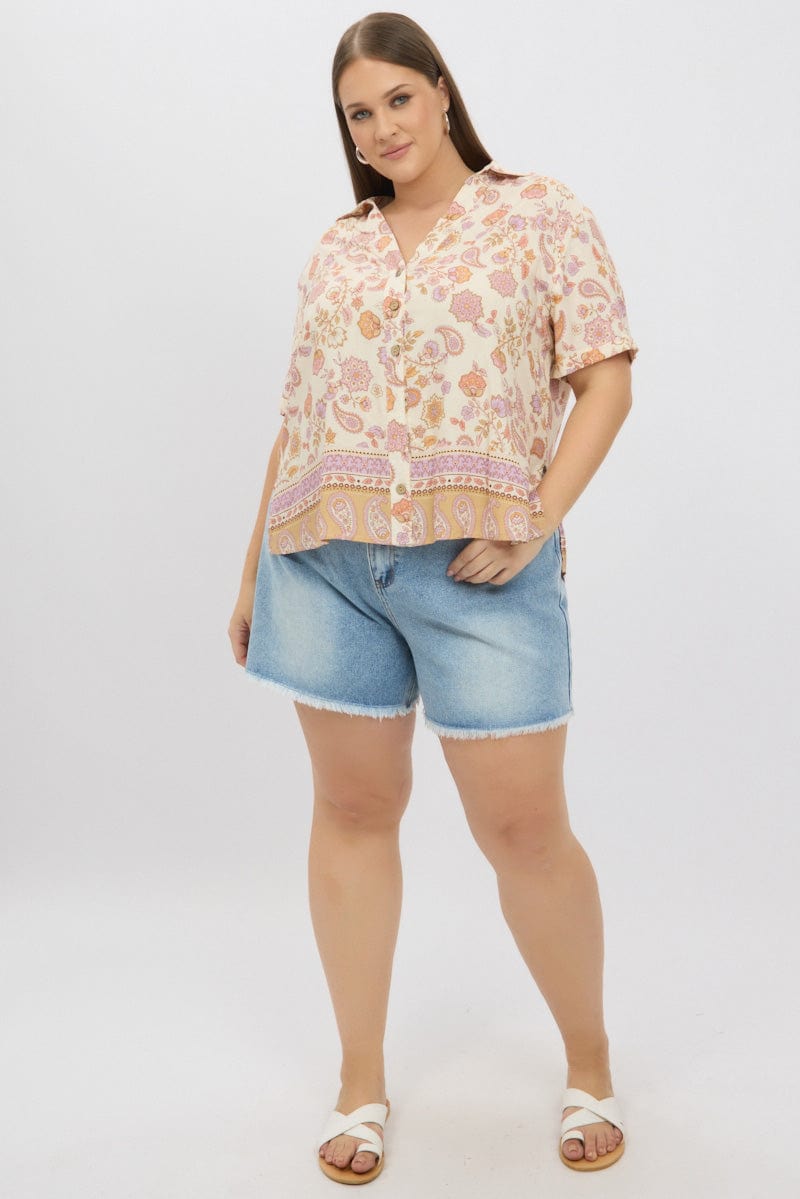 Beige Boho Relaxed Shirt Short Sleeve for YouandAll Fashion