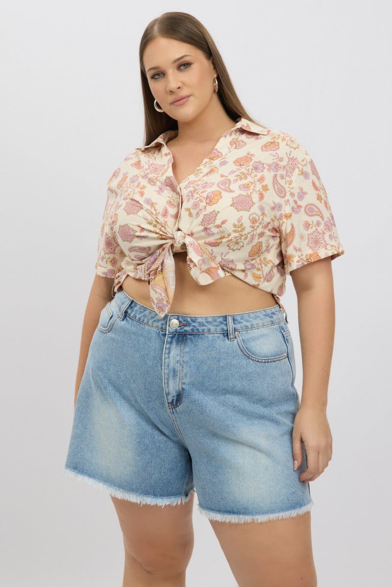 Beige Boho Relaxed Shirt Short Sleeve for YouandAll Fashion