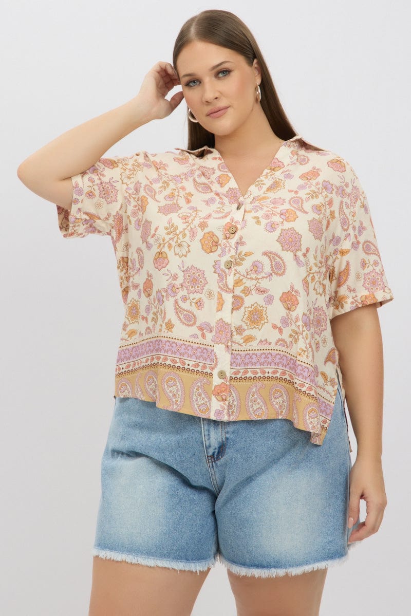 Beige Boho Relaxed Shirt Short Sleeve for YouandAll Fashion